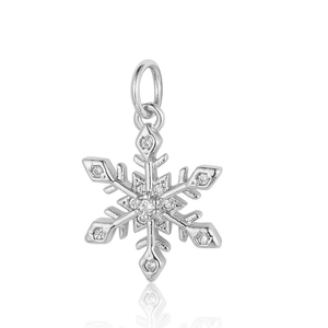 Detailed view of silver snowflake pendant featuring small clear zircon stones and a ring hook