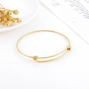 Detailed top view of gold adjustable steel coil bracelet on book and dried flower background