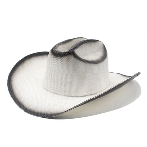 White woven straw cowboy hat with black spray paint edges and distressed western style