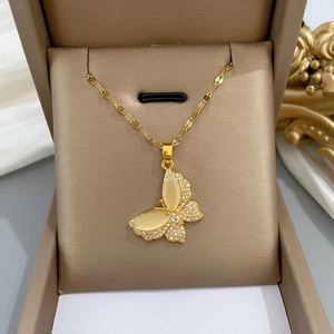 Butterfly Pendant Necklace Stainless Steel Chain Copper Cat Eye Stone And Zircon Luxury Gold Plated Trendy Jewelry For Women