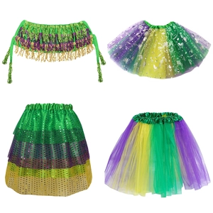 Set of four Mardi Gras themed sequin and tulle skirts in purple, green and gold colors