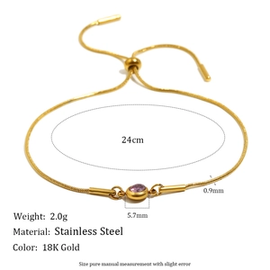 Bracelet ajustable en acier inoxydable plaqué or 18 carats avec zircon violet élégant