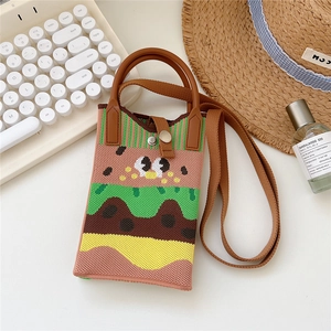Detailed knit cross-body bag showing cartoon character stitching and color-block pattern
