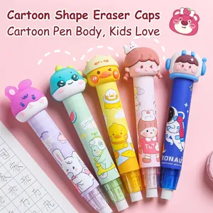 Retractable pen-style cartoon erasers set for kids with rabbit and astronaut designs