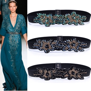 Women Elastic Corset Belt Handmade Floral Beaded Sequin Rhinestone Decorative Waistband For Dress