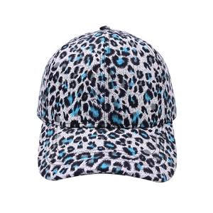 Detailed front view of black and blue leopard print baseball cap with six-panel design