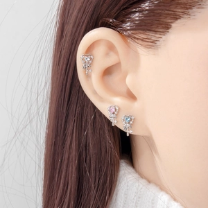 Elegant silver key cartilage studs with zircon heart gems in clear, pink and blue