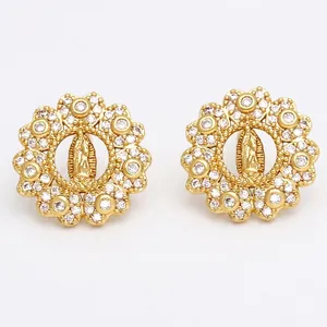 Golden flower earrings with Virgin Mary relief and sparkling cubic zirconia stones