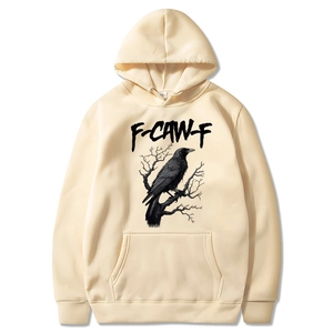 Cream hoodie featuring black F-CAW-F graphic and crow illustration on soft cotton fabric