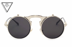 Detail view of steampunk round sunglasses with silver metal frame and grey C2 lenses