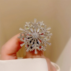 Close-up of a silver snowflake ring with sparkling cubic zirconia on a hand