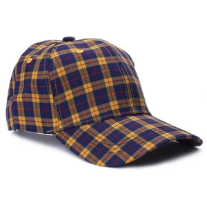 Close-up detail of the classic British style yellow and blue plaid cotton baseball cap