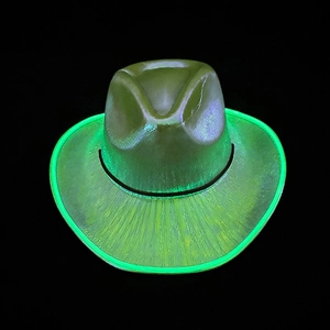Detail of neon green LED fiber optic trim on glowing holographic cowboy party hat