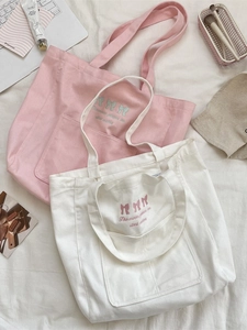 Women Canvas Tote Bag Bow Embroidery Large Capacity Aesthetic Shoulder Handbag For School Commuting Daily Use