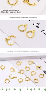 Detail of 12mm 18K gold plated hoop earring clasp with lever-back closure for DIY jewelry