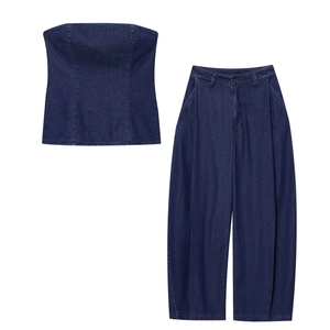 Haut Tube En Denim Pour Femmes Et Pantalon Large Bleu Foncé Sans Bretelles Sexy Taille Haute Streetwear Décontracté
