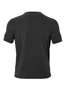 Detailed back view of black sports t-shirt showing breathable mesh fabric texture