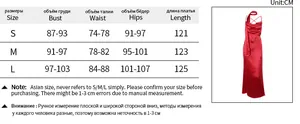 Size guide table for this elegant red satin slip maxi dress with detailed measurements