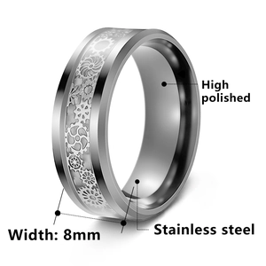 Bague 8mm en acier inoxydable argenté avec gravure d'engrenage steampunk et fini poli