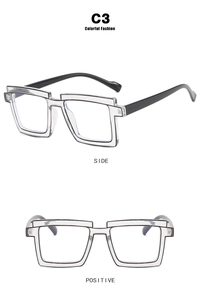 Front and side profile views of modern TR90 square eyeglass frames in clear black finish