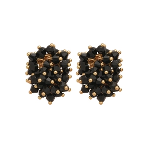 Irregular black crystal stud earrings with gold metal beads in a cluster design