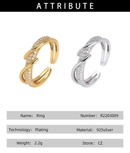 Detailed table of specifications for S925 sterling silver CZ cross wrap open ring