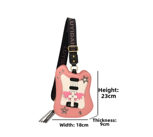 Detailed size specifications for guitar shaped bag showing height 23cm, width 18cm, and depth 9cm