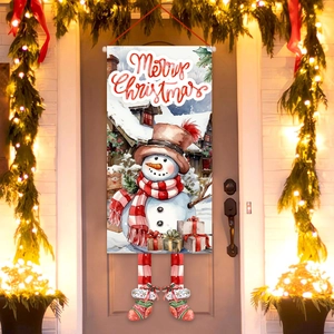 Christmas snowman door banner with red hanging legs for festive outdoor porch decoration