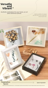Deep shadow box frame display featuring dried flowers and shells on a wooden surface