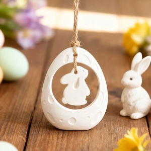 Easter egg hanging decoration with hollow rabbit silhouette and rustic hemp rope hanger