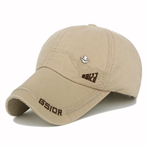 Detail of khaki cotton baseball cap with maple leaf badge and GSIOR embroidery
