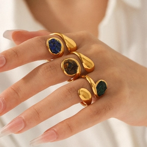 Vintage Geometric Open Ring Stainless Steel Gold Plated With Natural Crushed Stones Adjustable Minimalist Jewelry For Women