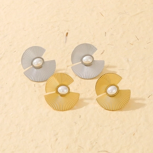 Radial fan-shaped pearl earrings in gold and silver finish with striped metal texture
