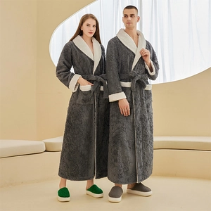 Thick double-layer flannel robes for couples in dark grey with warm fleece trim
