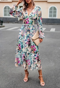 Detailed V-neck floral print maxi dress with elegant white lace trim and flowing ruffles