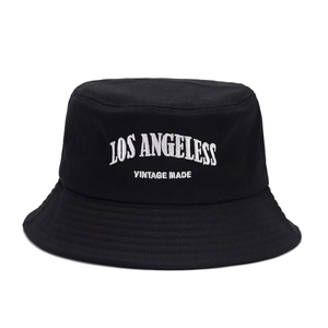 Retro black cotton bucket hat with white Los Angeles vintage embroidery for sun protection