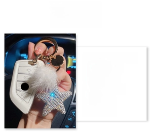 Detailed view of plush fur ball and sparkling rhinestone star pendant on gold car keychain