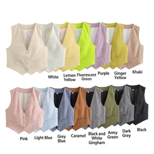Street style short vest for women with V-neck and single-breasted design in 15 colors
