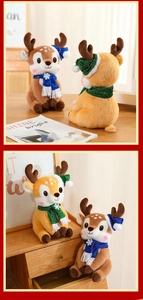 Detail of Christmas reindeer plush toys with sequin hats and scarves on a wooden desk