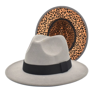 Light gray wool fedora hat for women with black ribbon and leopard print lining