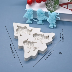 Detailed view of Christmas tree silicone mold with Santa shapes and product dimensions