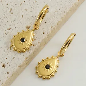 Vintage Teardrop Hoop Earrings Stainless Steel 18K Gold Plated Black Cubic Zirconia Sunburst Design For Women Fashion