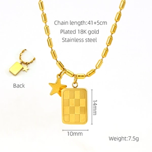 Detail of 18K gold plated stainless steel bead chain with star and rectangle pendant
