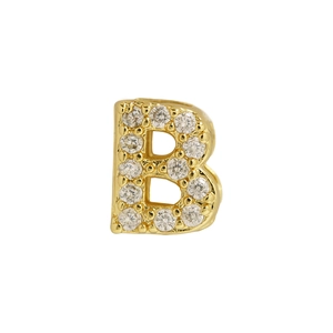 Classic 18k gold letter B pendant necklace with pavé set zircon stones on white background
