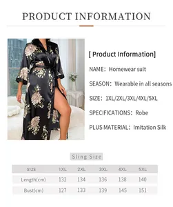 Detailed plus size chart for women's floral imitation silk long nightgown and sleepwear robe