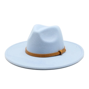 Light blue wide brim wool felt fedora featuring a brown faux leather band and metal buckle
