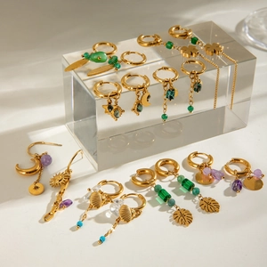 Gold-plated stainless steel hoop earrings with natural stone star and moon charms