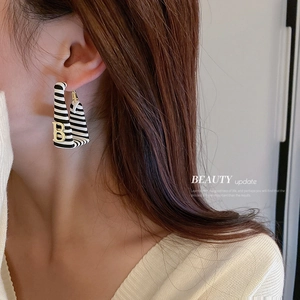 Rectangle Hoop Earrings Black White Stripe Faux Leather Golden Letter B With 925 Sterling Silver Earring Post Women