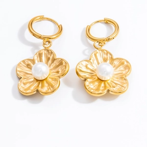 Minimalist gold flower earrings with pearls featuring a five-petal floral design