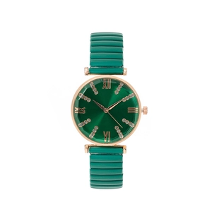 Women's quartz watch with dark green resin strap and rose gold rhinestone dial